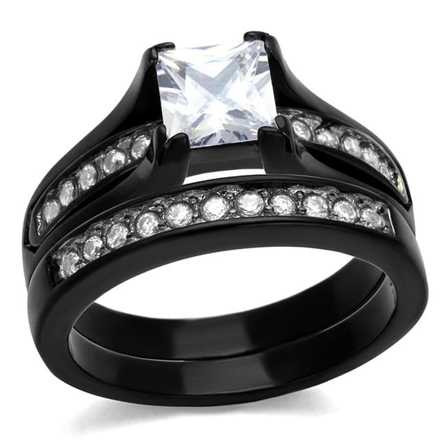 Women Two-Tone IP Black Stainless Steel Ring with AAA Grade CZ in Clear - Size 10