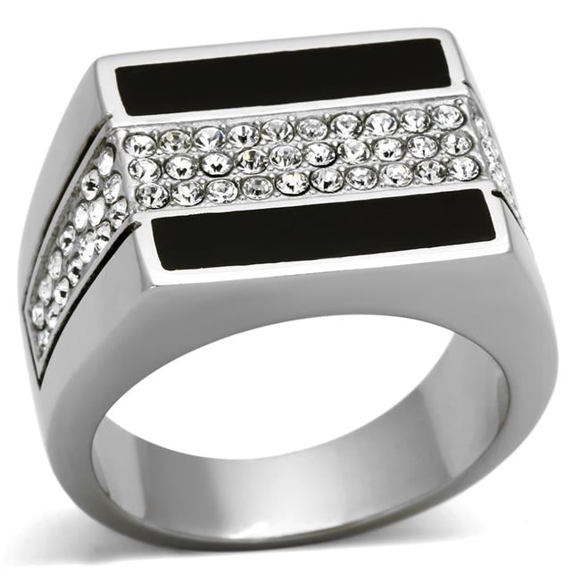 TK1048-13 Men High Polished Stainless Steel Ring with Top Grade Crystal in Clear - Size 13