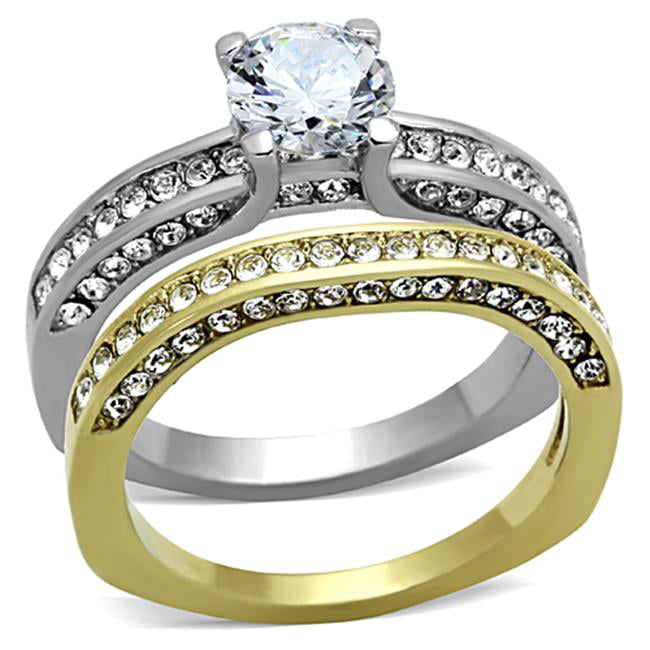 Women Two-Tone IP Gold Stainless Steel Ring with AAA Grade CZ in Clear - Size 8