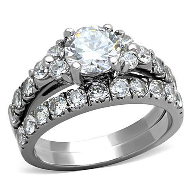Women High Polished Stainless Steel Ring with AAA Grade CZ in Clear - Size 8