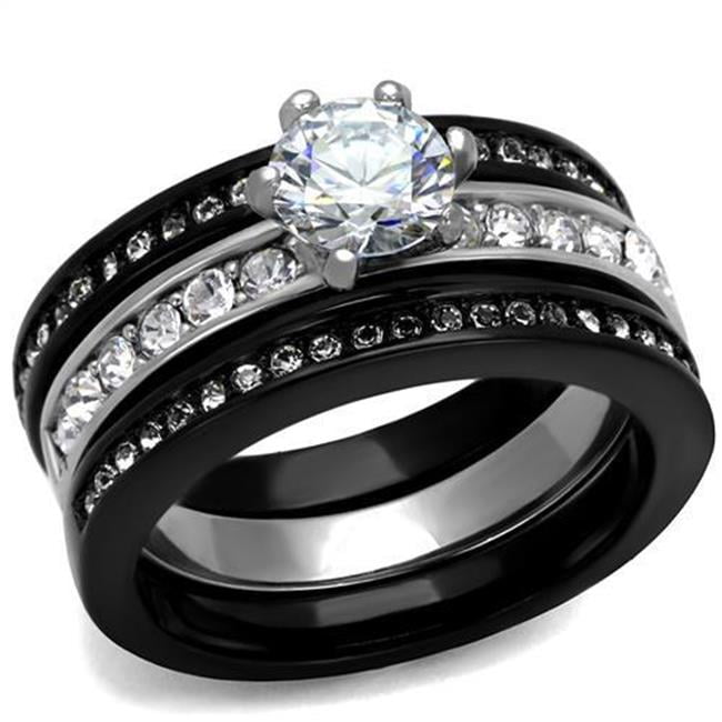 Women Two-Tone IP Black Stainless Steel Ring with AAA Grade CZ in Clear - Size 6
