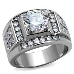 Men High Polished Stainless Steel Ring with AAA Grade CZ in Clear - Size 8