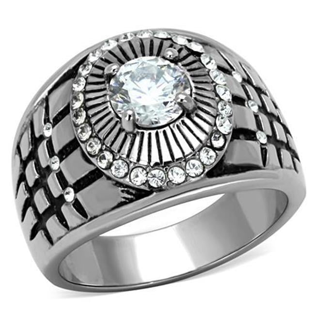 Men High Polished Stainless Steel Ring with AAA Grade CZ in Clear - Size 8
