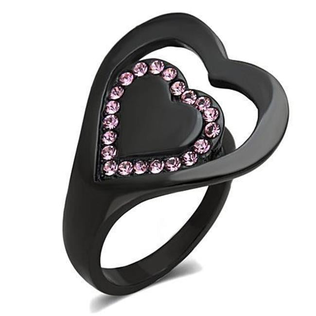 Women IP Black Stainless Steel Ring with Top Grade Crystal in Light Rose - Size 6