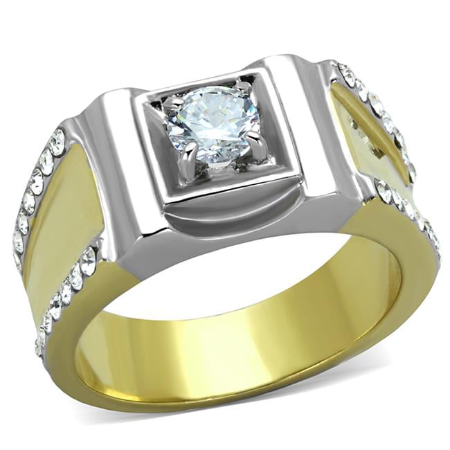 Men Two-Tone IP Gold Stainless Steel Ring with AAA Grade CZ in Clear - Size 13