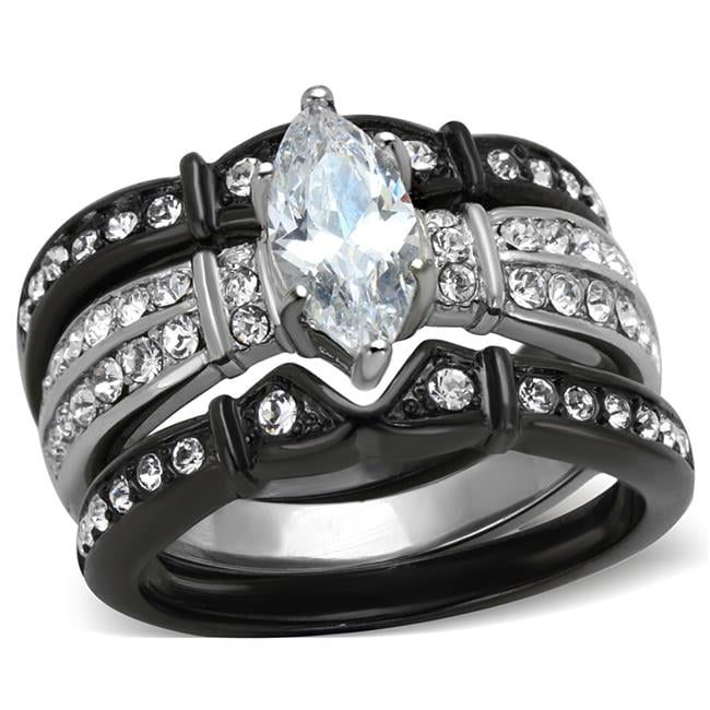Women Two-Tone IP Black Stainless Steel Ring with AAA Grade CZ in Clear - Size 5