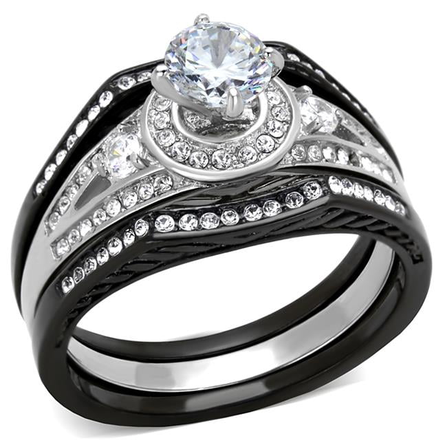 Women Two-Tone IP Black Stainless Steel Ring with AAA Grade CZ in Clear - Size 8