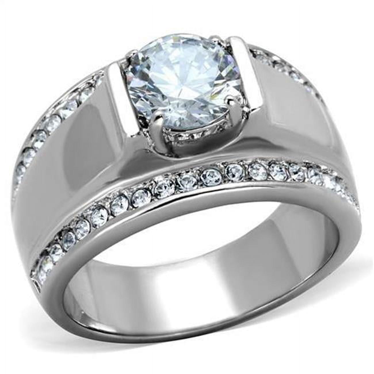 Men High Polished Stainless Steel Ring with AAA Grade CZ in Clear - Size 12