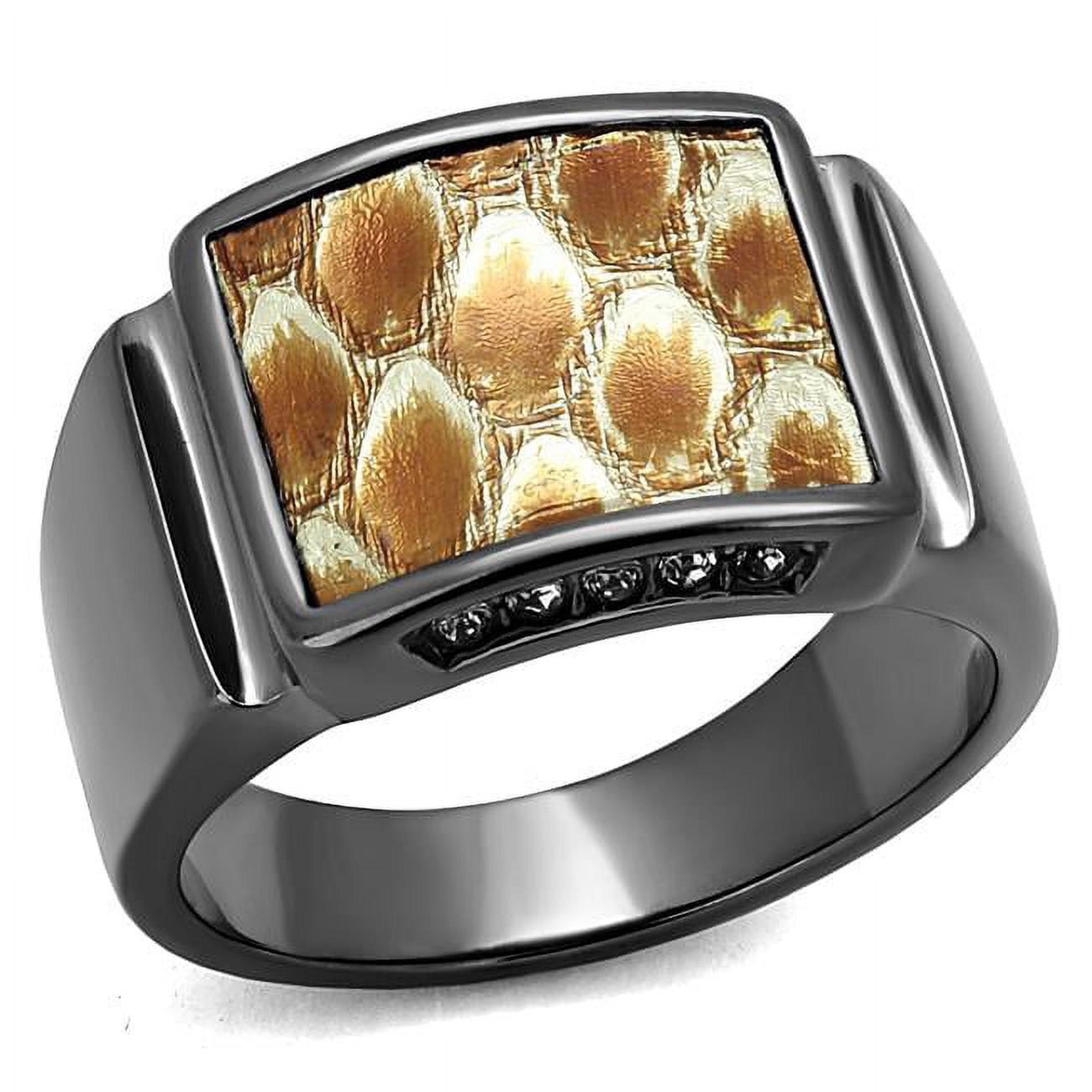 Women IP Light Black Stainless Steel Ring with Leather in Brown - Size 9