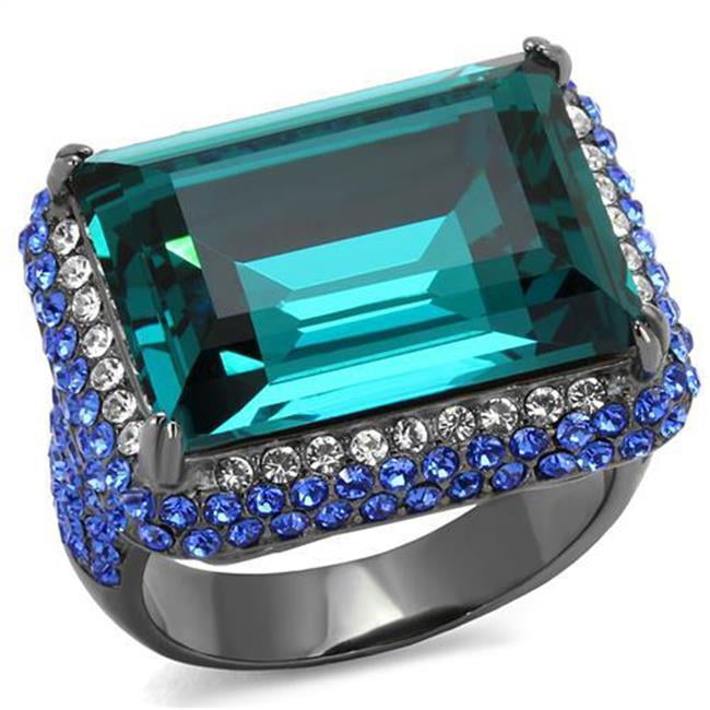 Women IP Light Black Stainless Steel Ring with Top Grade Crystal in Blue Zircon - Size 6