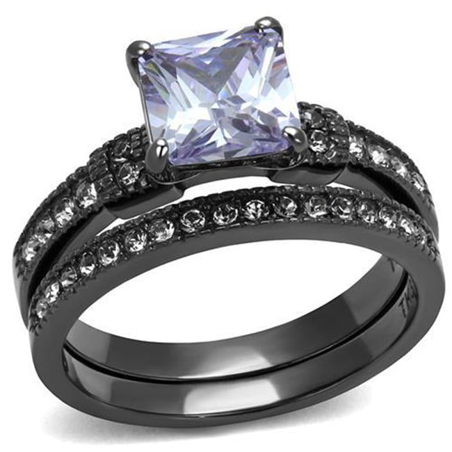 Women IP Light Black Stainless Steel Ring with AAA Grade CZ in Light Amethyst - Size 6
