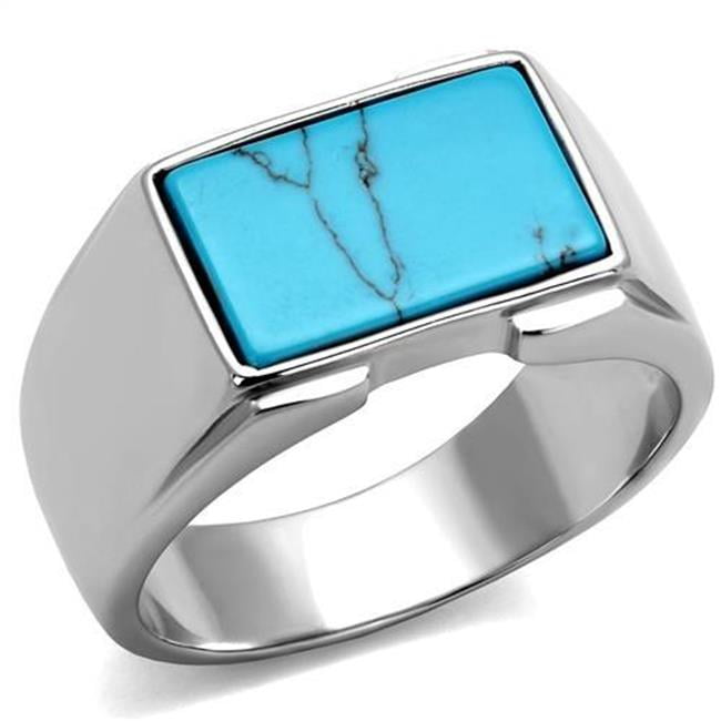 TK3000-10 Men High Polished Stainless Steel Ring with Synthetic in Sea Blue - Size 10