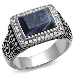 TK3003-10 Men High Polished Stainless Steel Ring with Semi-Precious in Capri Blue - Size 10