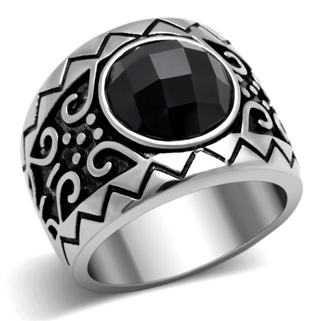 Men High Polished Stainless Steel Ring with AAA Grade CZ in Jet - Size 9