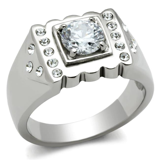 Men High Polished Stainless Steel Ring with AAA Grade CZ in Clear - Size 10