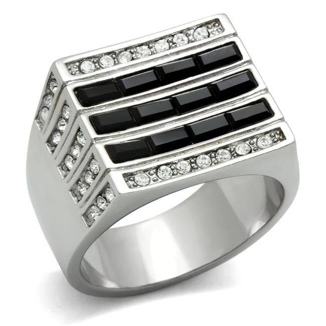TK321-9 Men High Polished Stainless Steel Ring with Top Grade Crystal in Jet - Size 9