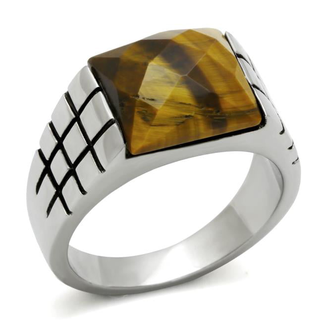 TK324-9 Men High Polished Stainless Steel Ring with Semi-Precious in Smoked Quartz - Size 9