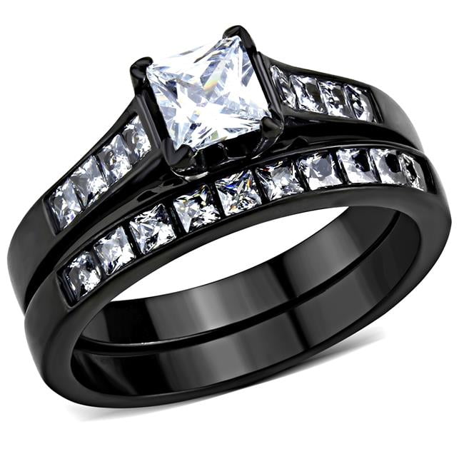 Women IP Black Stainless Steel Ring with AAA Grade CZ in Clear - Size 7