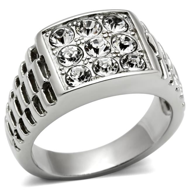 TK360-9 Men High Polished Stainless Steel Ring with Top Grade Crystal in Clear - Size 9