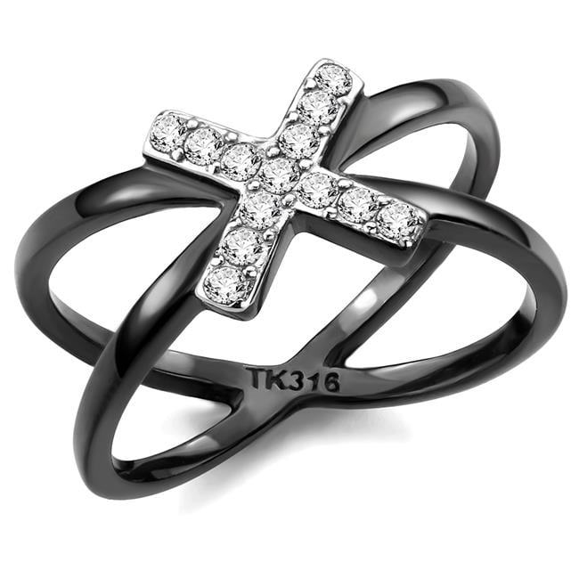 Women Two-Tone IP Black Stainless Steel Ring with AAA Grade CZ in Clear - Size 10