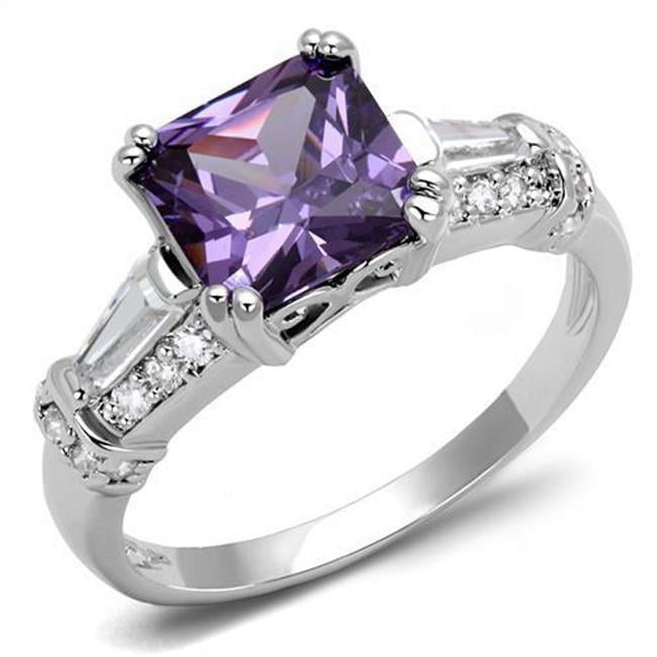 Women Rhodium Brass Ring with AAA Grade CZ in Amethyst - Size 5