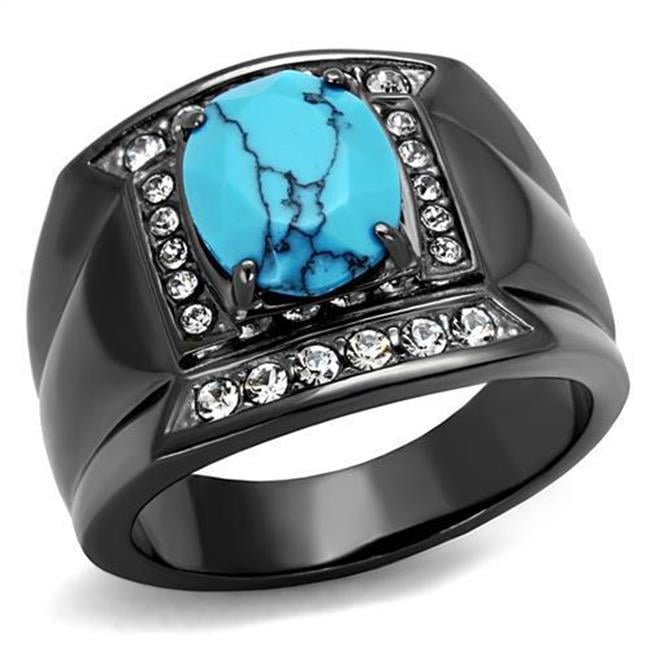 Men IP Light Black Stainless Steel Ring with Synthetic in Sea Blue - Size 8