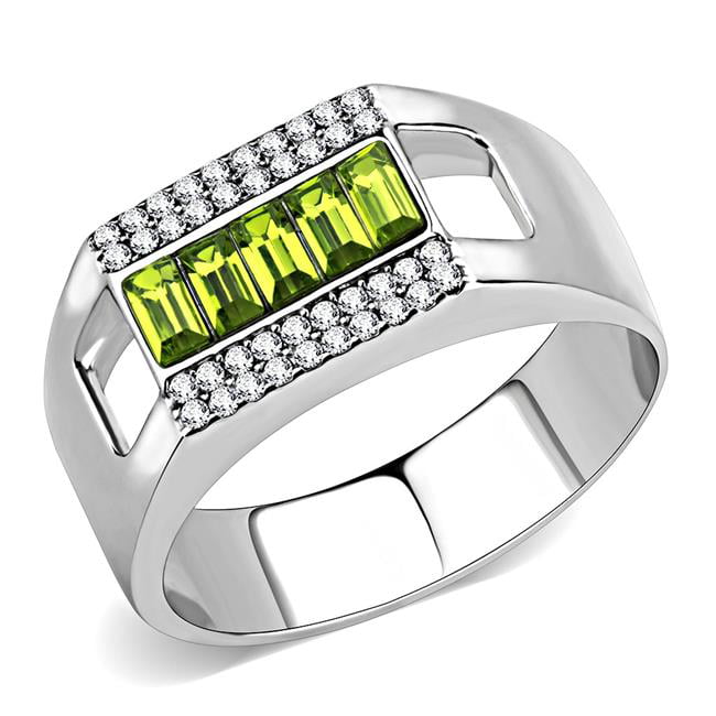 DA289-12 Men High Polished Stainless Steel Ring with Top Grade Crystal in Olivine - Size 12