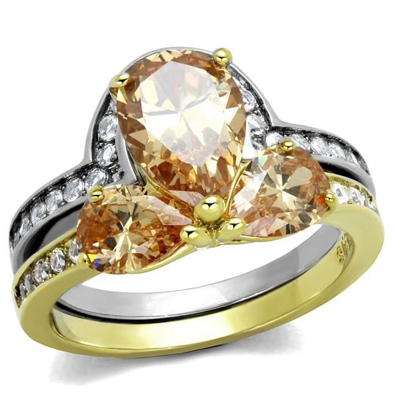 Women Two-Tone IP Gold Stainless Steel Ring with AAA Grade CZ in Champagne - Size 9