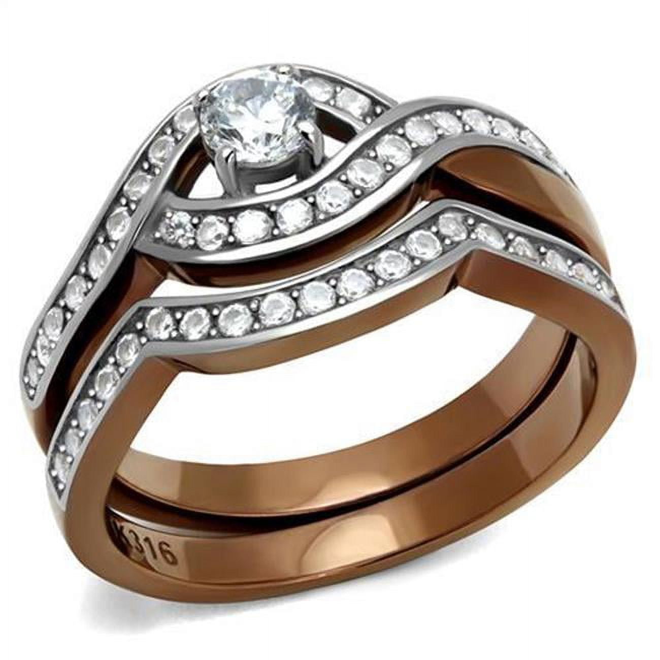 Women Two Tone IP Light Brown Stainless Steel Ring with AAA Grade CZ in Clear - Size 7
