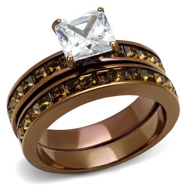 Women IP Coffee Light Stainless Steel Ring with AAA Grade CZ in Clear - Size 8