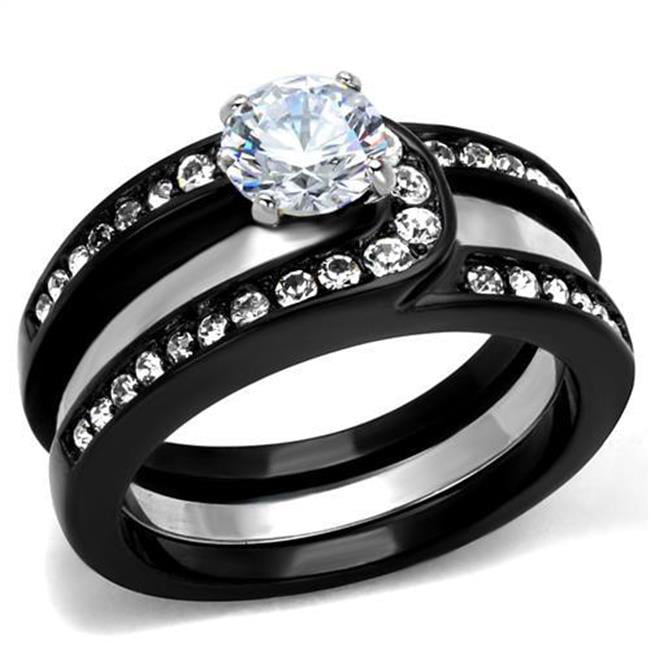 Women Two-Tone IP Black Stainless Steel Ring with AAA Grade CZ in Clear - Size 10