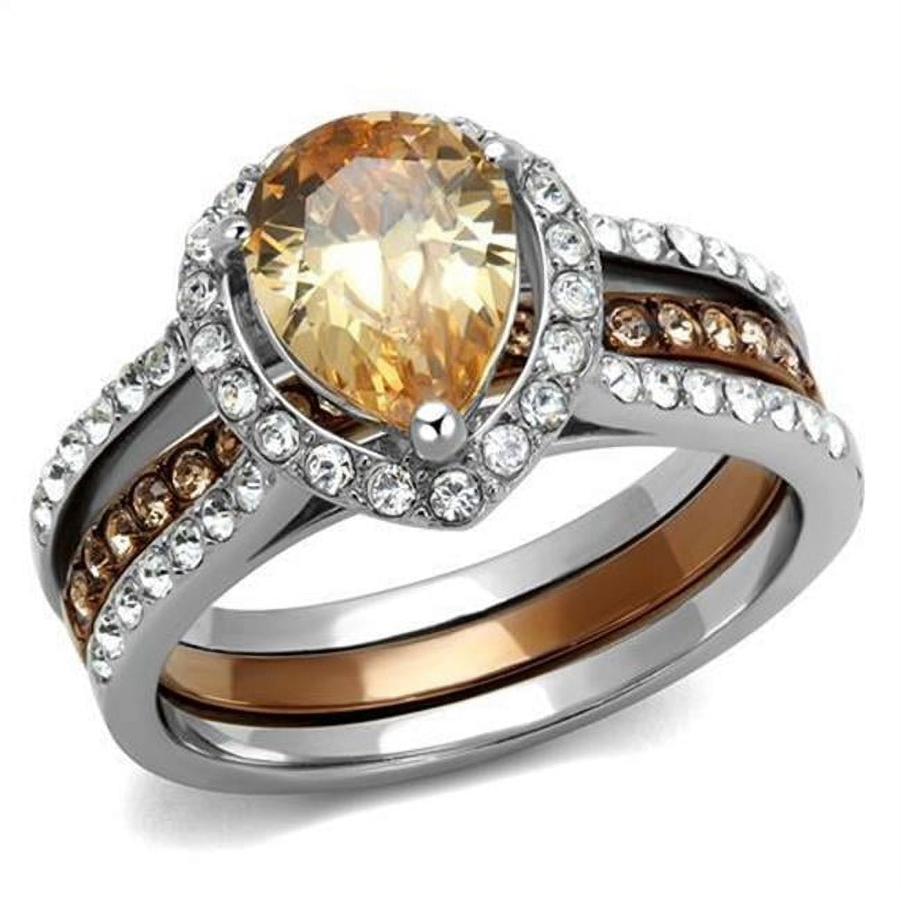 Women Two Tone IP Light Brown Stainless Steel Ring with AAA Grade CZ in Champagne - Size 7