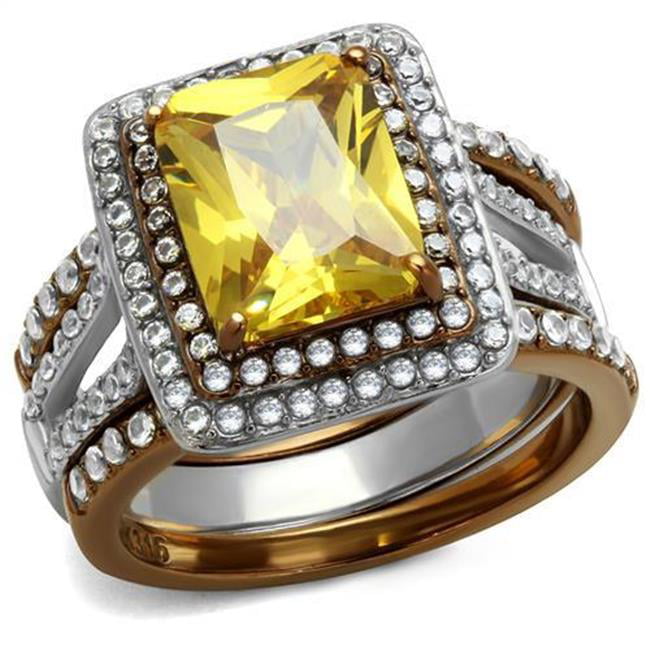 Women Two Tone IP Light Brown Stainless Steel Ring with AAA Grade CZ in Topaz - Size 10