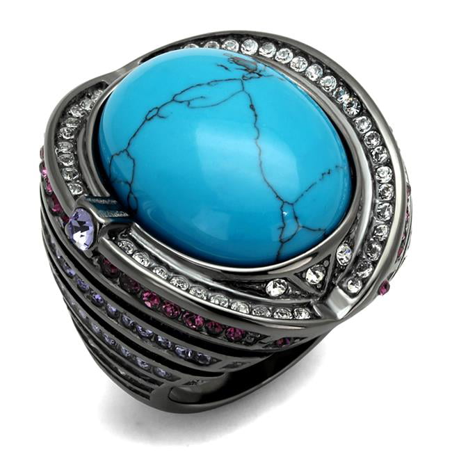 Women IP Light Black Stainless Steel Ring with Synthetic in Sea Blue - Size 9