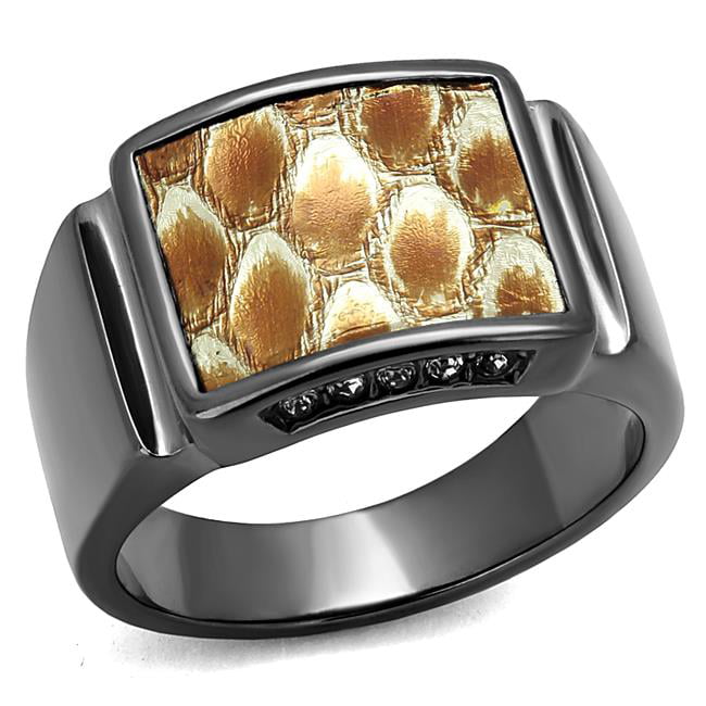 Women IP Light Black Stainless Steel Ring with Leather in Brown - Size 10