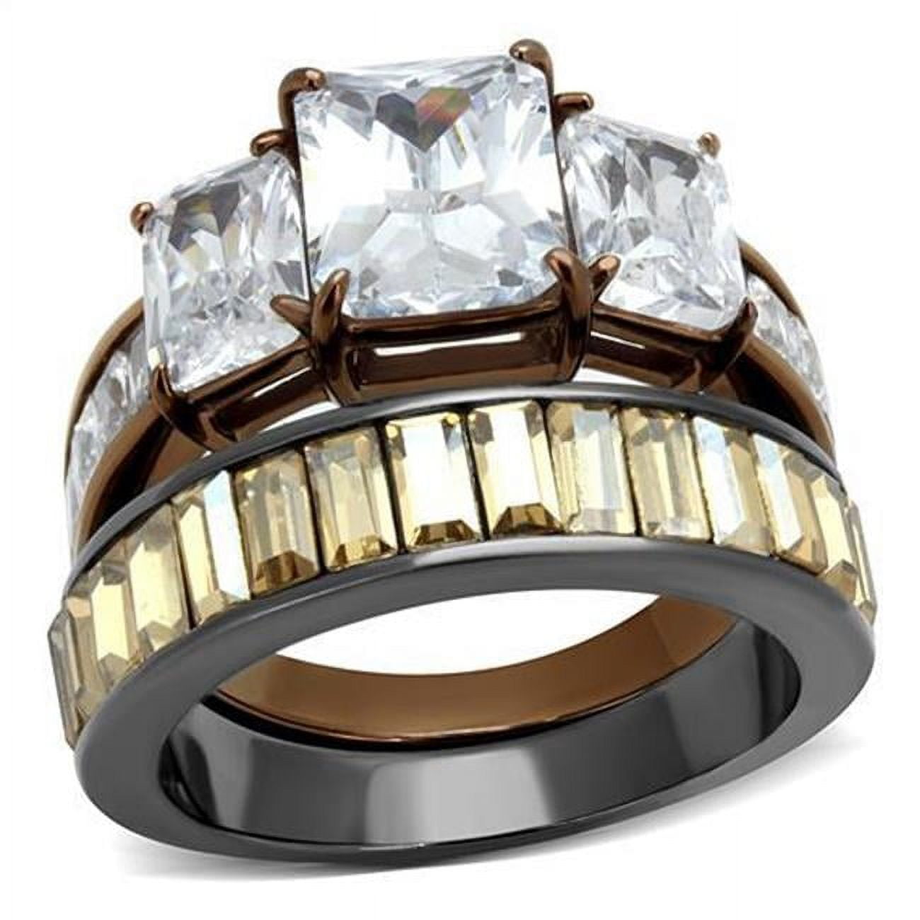 TK2747-6 Women IP Light Black & IP Light Coffee Stainless Steel Ring with AAA Grade CZ in Clear - Size 6
