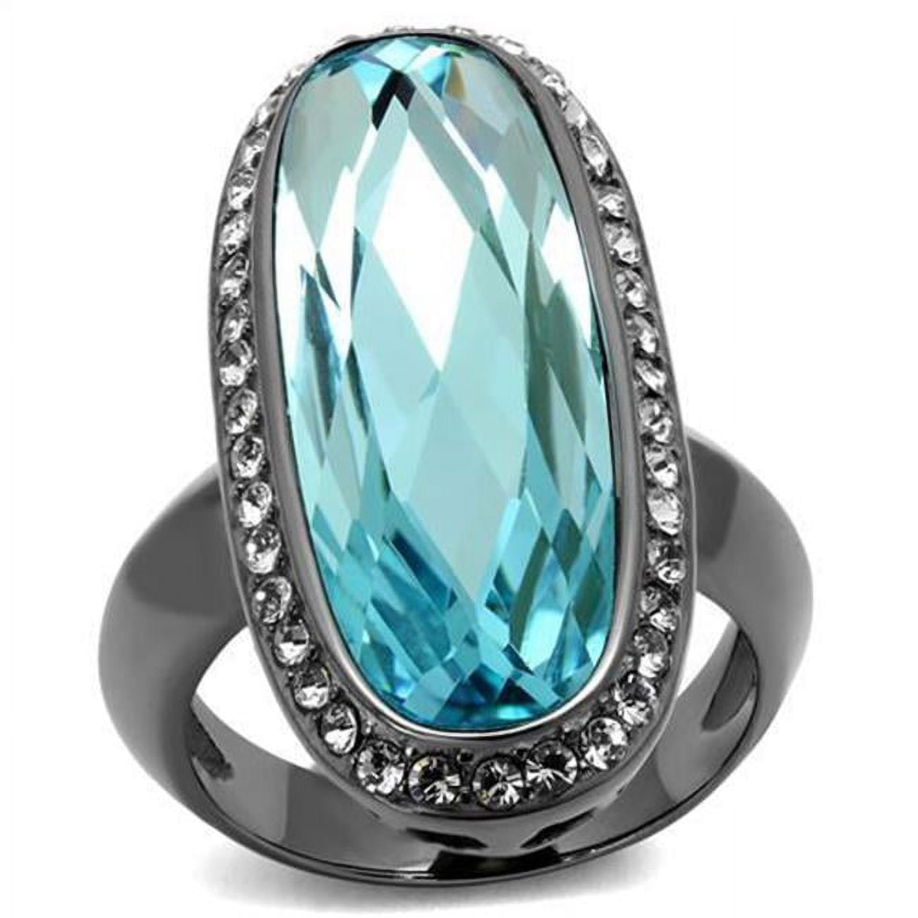 Women IP Light Black Stainless Steel Ring with Top Grade Crystal in Sea Blue - Size 7