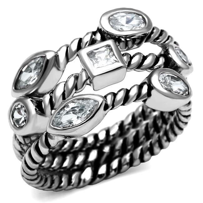 Women High Polished Stainless Steel Ring with AAA Grade CZ in Clear - Size 5