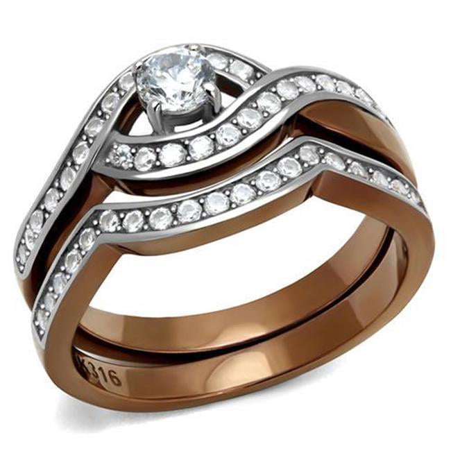 Women Two Tone IP Light Brown Stainless Steel Ring with AAA Grade CZ in Clear - Size 8