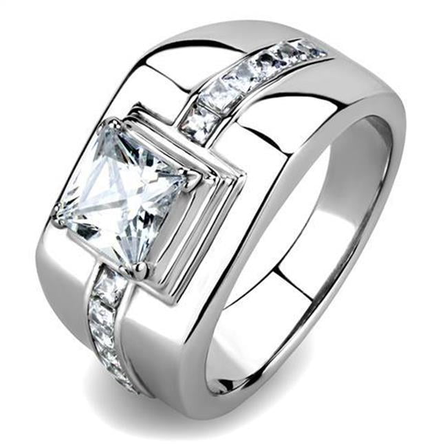 Men High Polished Stainless Steel Ring with AAA Grade CZ in Clear - Size 9