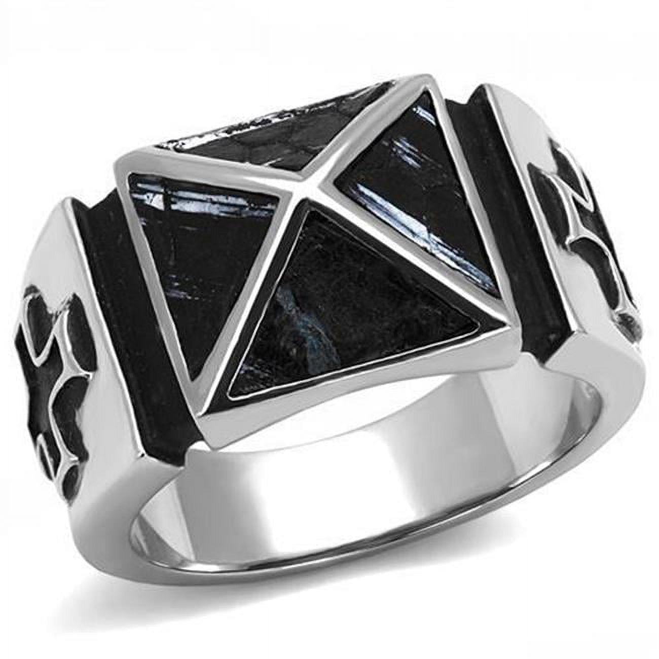 Men High Polished Stainless Steel Ring with Leather in Jet - Size 10