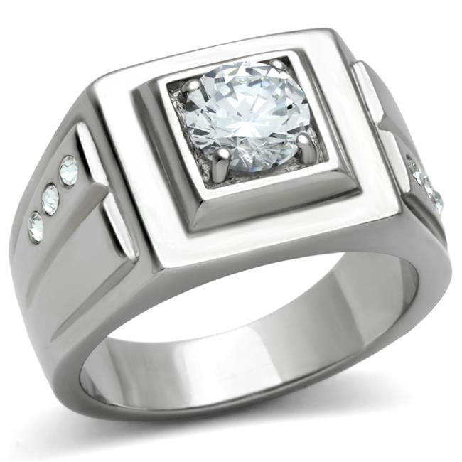Men High Polished Stainless Steel Ring with AAA Grade CZ in Clear - Size 12