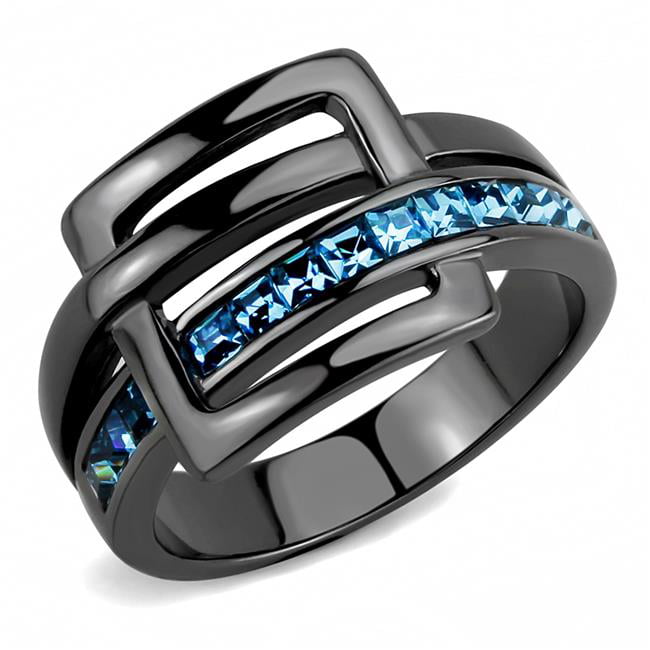 Women IP Light Black Stainless Steel Ring with Top Grade Crystal in Sea Blue - Size 6