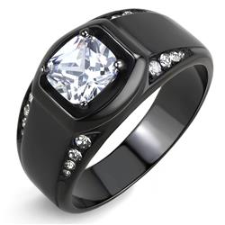 Men IP Black Stainless Steel Ring with AAA Grade CZ in Clear - Size 9