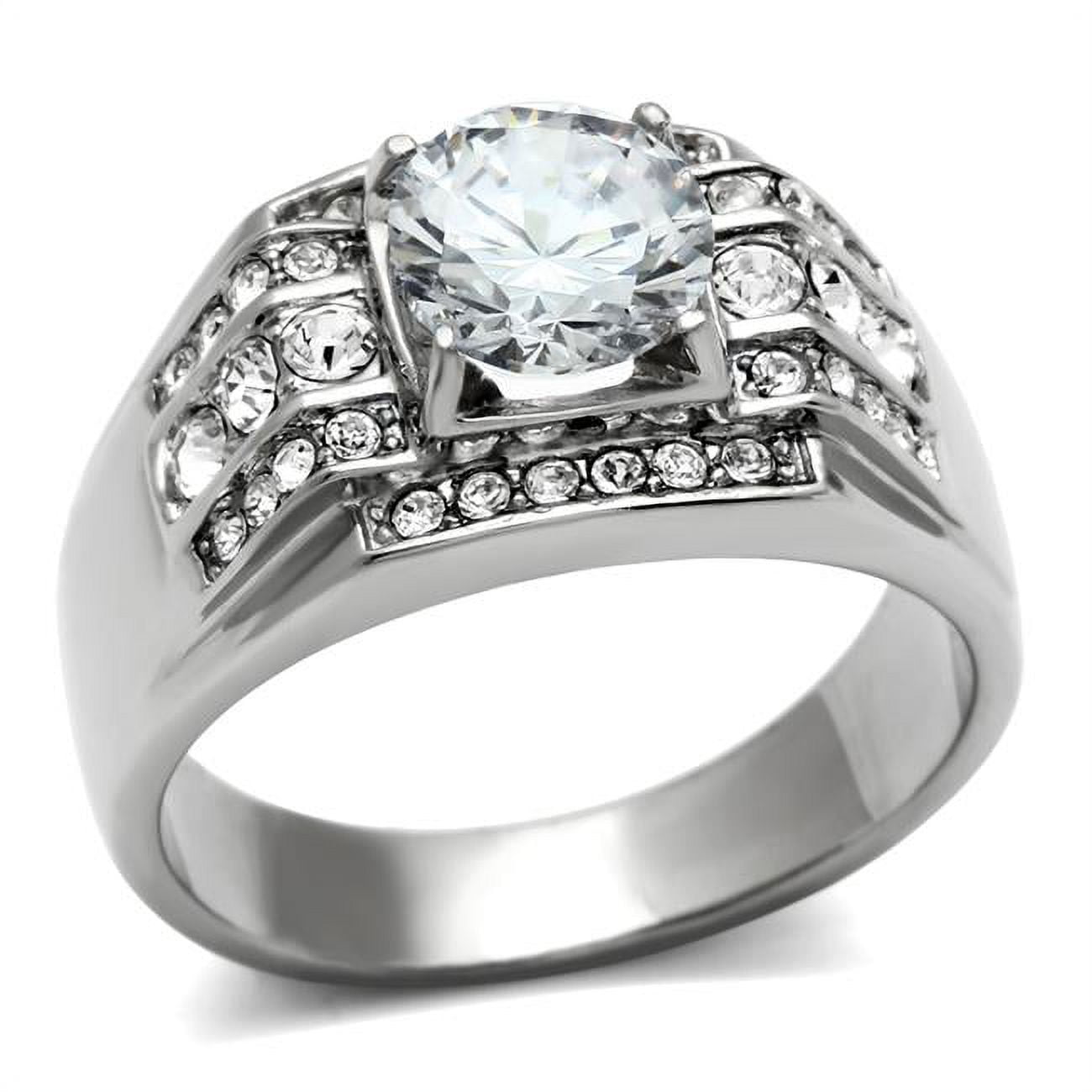 Men High Polished Stainless Steel Ring with AAA Grade CZ in Clear - Size 9