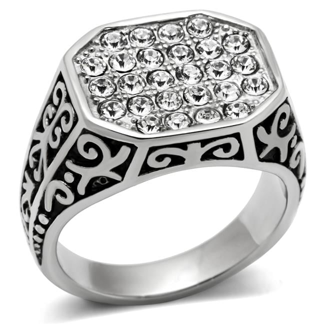 TK362-9 Men High Polished Stainless Steel Ring with Top Grade Crystal in Clear - Size 9