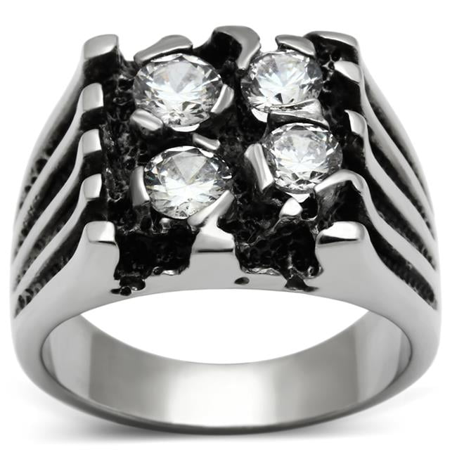TK366-8 Men High Polished Stainless Steel Ring with AAA Grade CZ in Clear - Size 8
