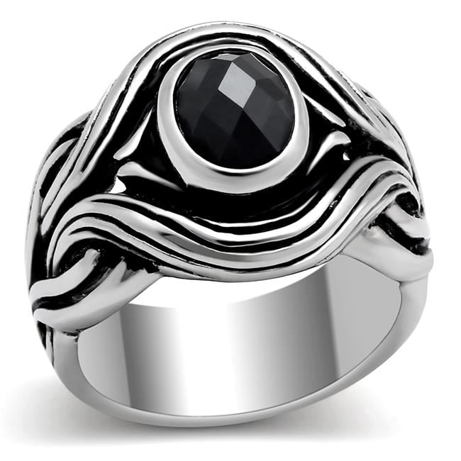 Men High Polished Stainless Steel Ring with AAA Grade CZ in Jet - Size 9
