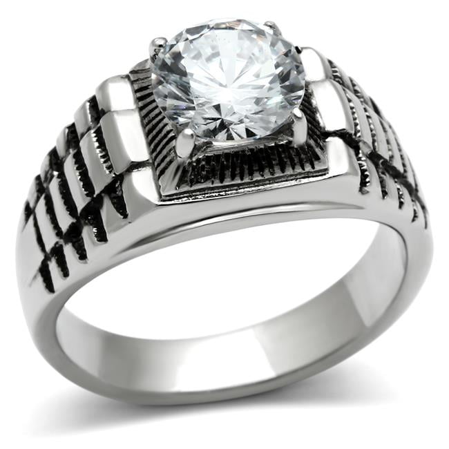 Men High Polished Stainless Steel Ring with AAA Grade CZ in Clear - Size 9