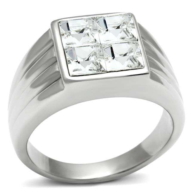 TK489-10 Men High Polished Stainless Steel Ring with Top Grade Crystal in Clear - Size 10